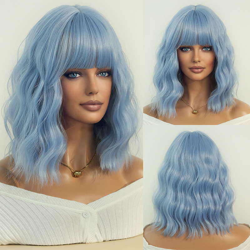 A wig with vibrant multicolor short wavy hair and puffy air bangs, adding flair to your style